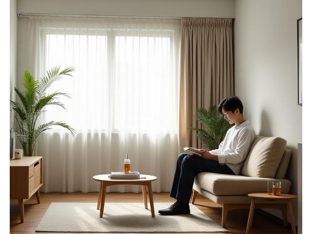 단정하고 편안한 미니멀 인테리어의 거실에서 휴식하는 모습
