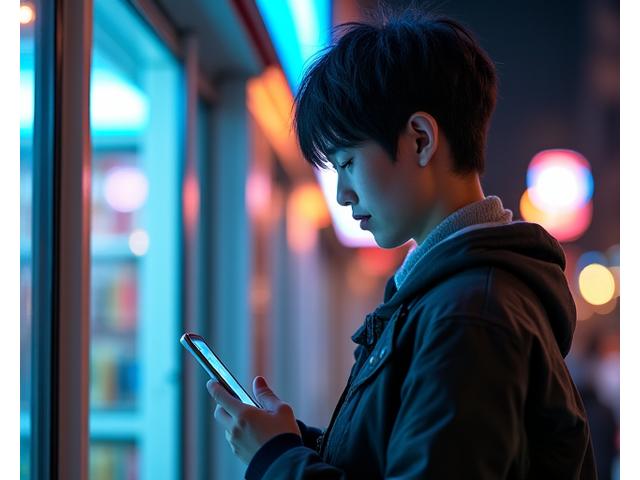 서울 야경을 배경으로 편의점 앞에서 스마트폰으로 물결라이프 앱을 활용해 생활 패턴을 최적화하는 모습