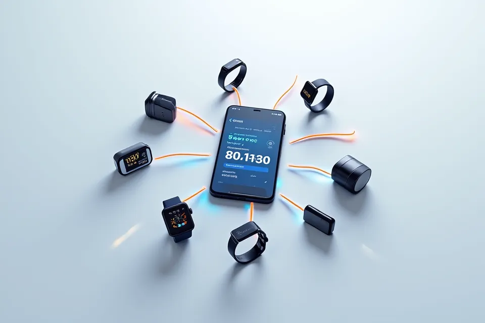 다양한 웨어러블 기기들이 앱과 연동되어 데이터를 주고받는 모습