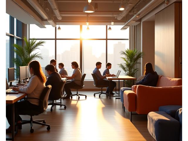 강남의 모던하고 개방적인 코워킹 스페이스에서 노트북으로 작업하는 사람들