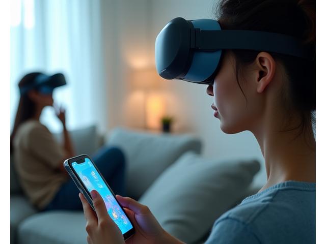 AI 기반 정신건강 앱과 VR 명상을 체험하는 사람